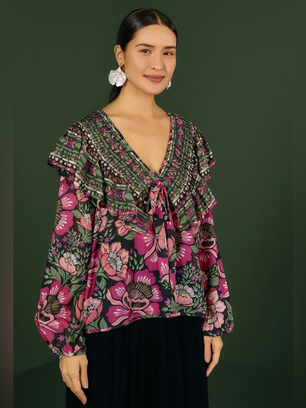 FARM Rio Black Flowers Garden Blouse V Necktie Ruffle in Magenta Green Boho M